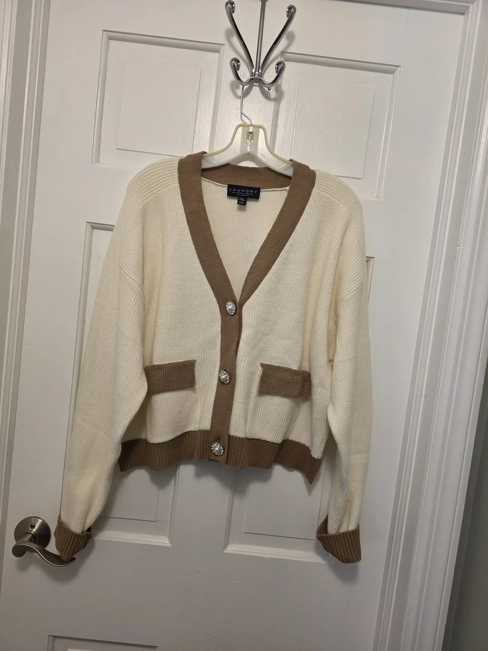 Laundry By Shelli Segal Cream & Tan V-Neck Button Cardigan Size XL, Stylish - Picture 1 of 10